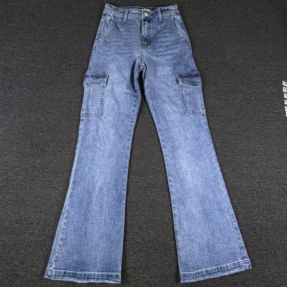 KanCan Jeans Womens 23 (fits 24x30) KC5504M Blue Cargo High Rise Flare Stretch